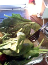 Spinach salad with egg, fruit cup mixed in (i'm creative), and honey mustard dressing
